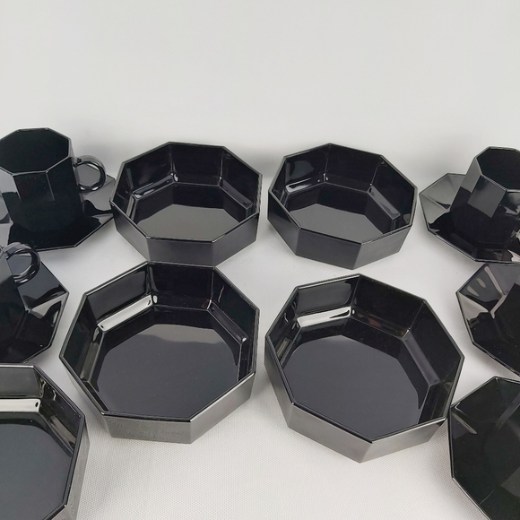 1980'S Arcoroc Octine Black glass octagon Made in France soups bowls mug saucers - Picture 5 of 16